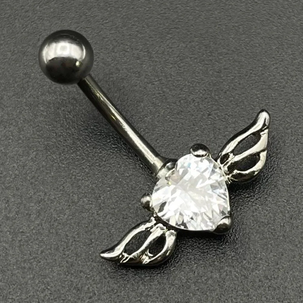 316L Stainless Steel with White Diamond Cubic Zirconia Winged Heart Belly Ring